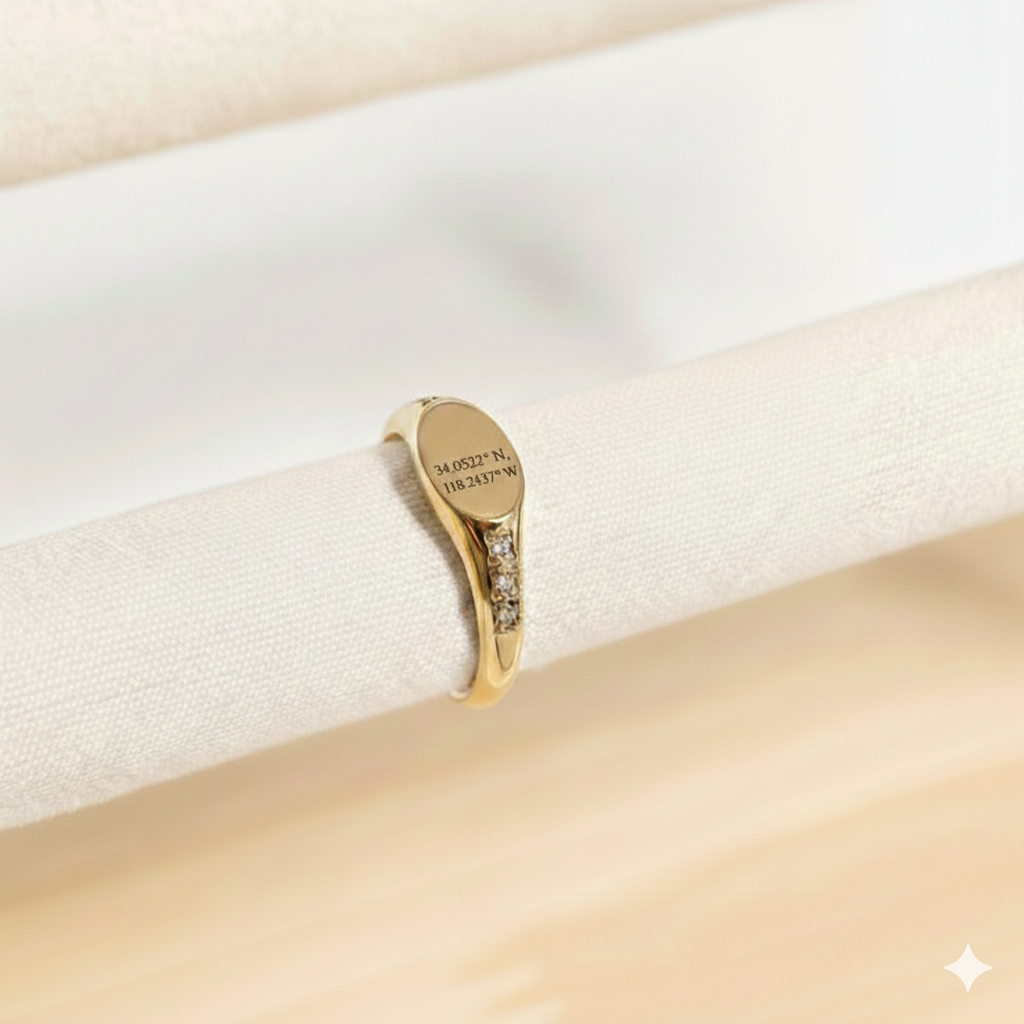 Personalized Round CZ Signet Ring | Custom Engraved 18K Gold PVD | Peace & Petals