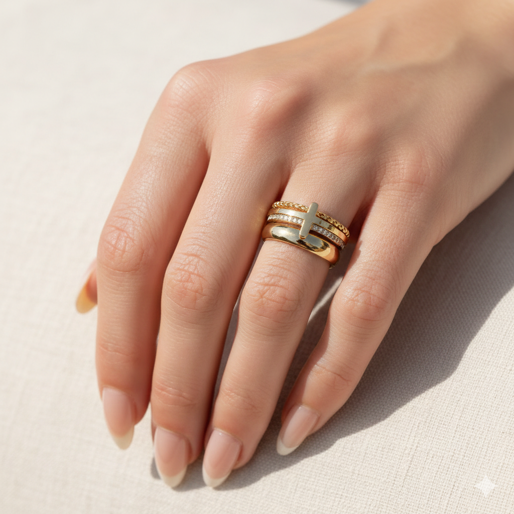 Personalized Cross Ring with CZ Stone | Custom Engraved Faith Jewelry | Stackable | Peace & Petals