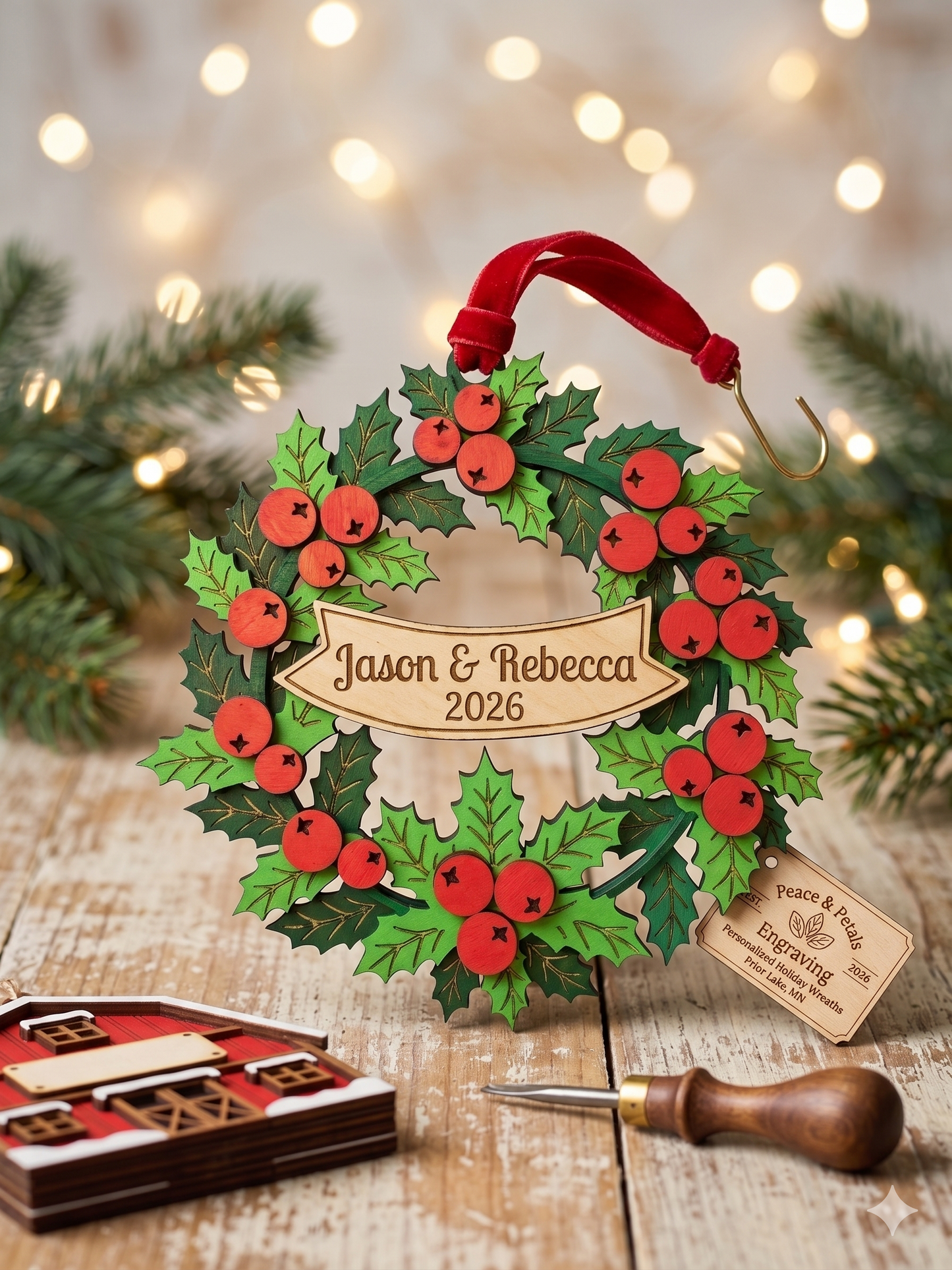 Personalized Wreath & Berries Ornament | Custom Engraved Keepsake