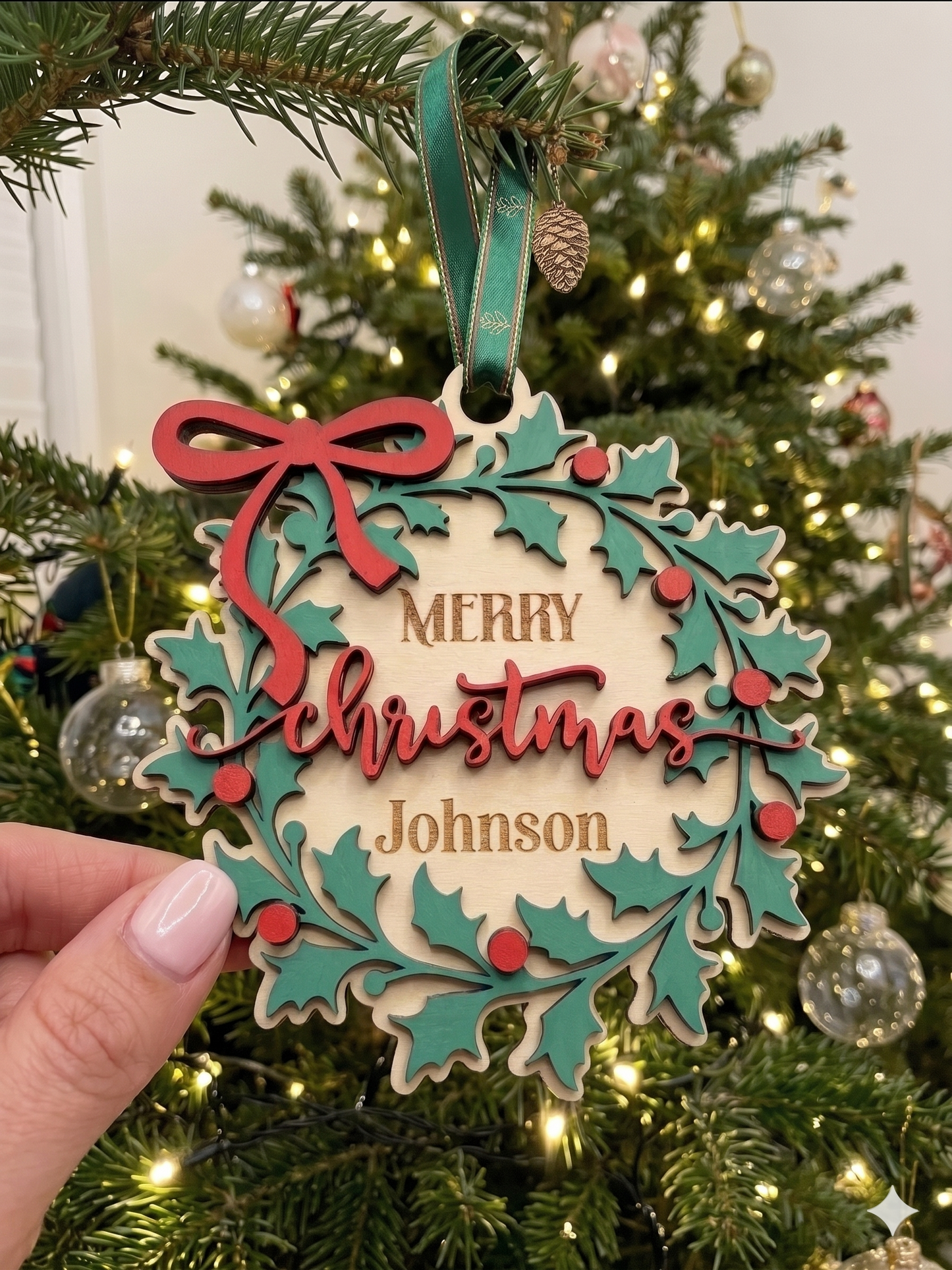 Personalized Christmas Wreath Ornament | Custom Laser Engraved Keepsake