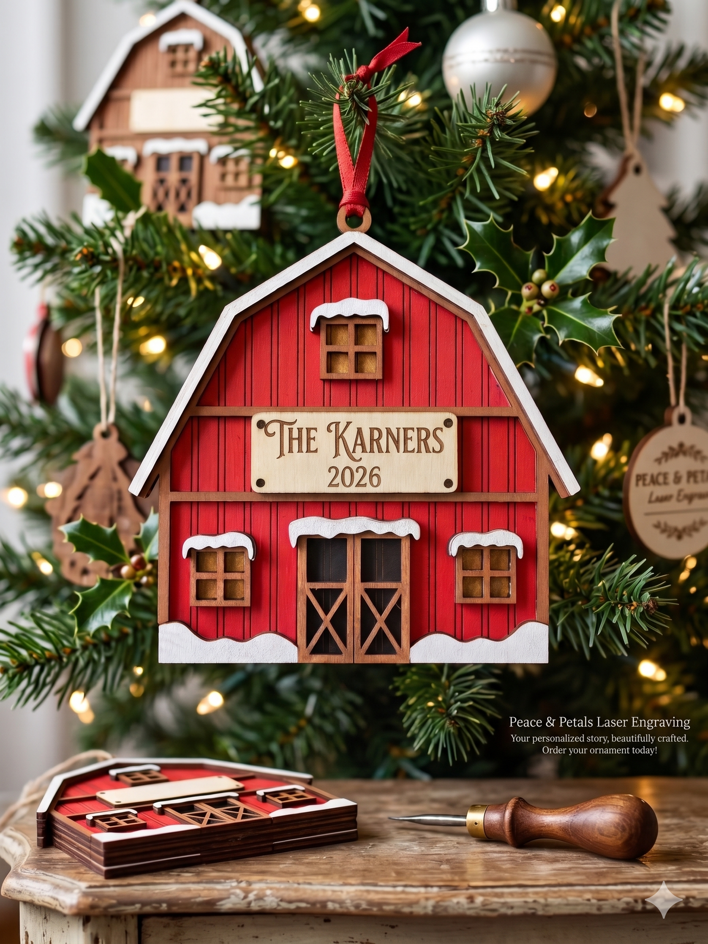 Personalized Red Barn Ornament | Custom Laser Engraved Keepsake