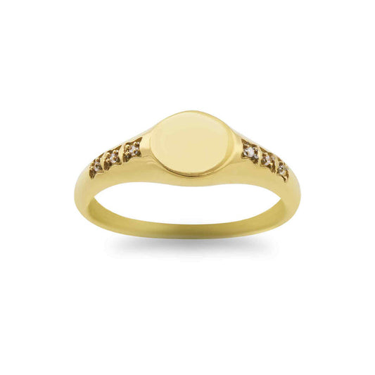 Personalized Round CZ Signet Ring | Custom Engraved 18K Gold PVD | Peace & Petals