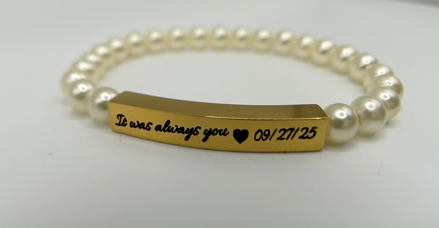 Pearl of My Heart ID Bracelet, Engravable 18K Gold PVD Stainless Steel