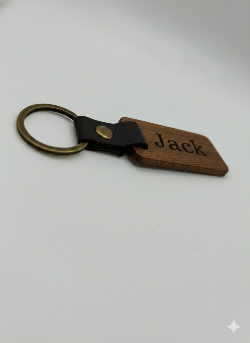 Personalized Wooden & Leather Keychain - Custom Engraved | Peace & Petals Laser Engraving
