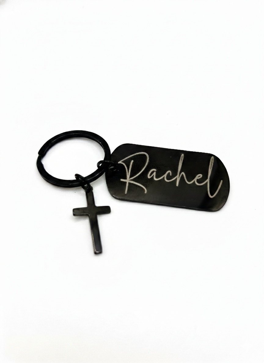 Engravable Black-Metal Cross Keychain - Faith Keychain | Peace & Petals Laser Engraving