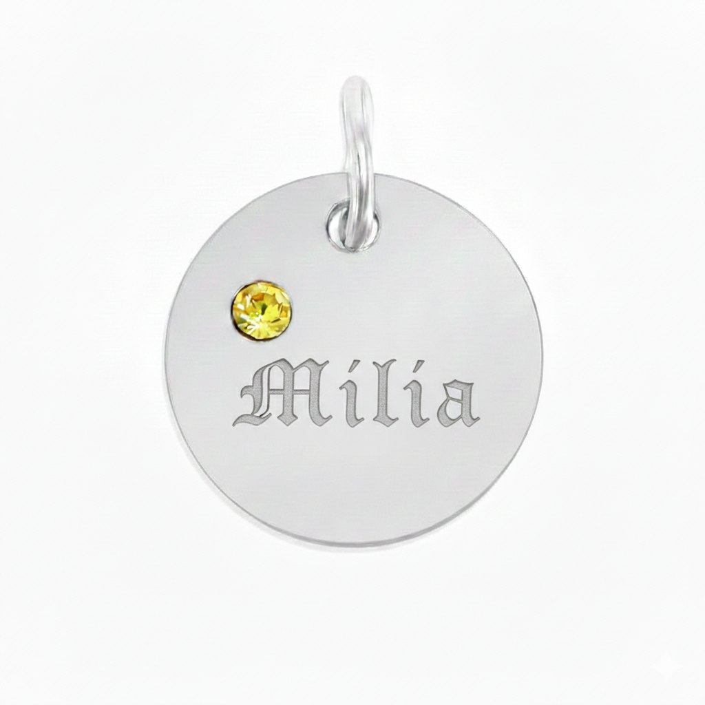 Personalized Birthstone Circle Charm - Custom Engravable Pendant | Silver | Peace & Petals