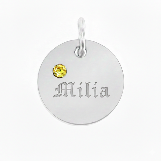 Personalized Birthstone Circle Charm - Custom Engravable Pendant | Silver | Peace & Petals