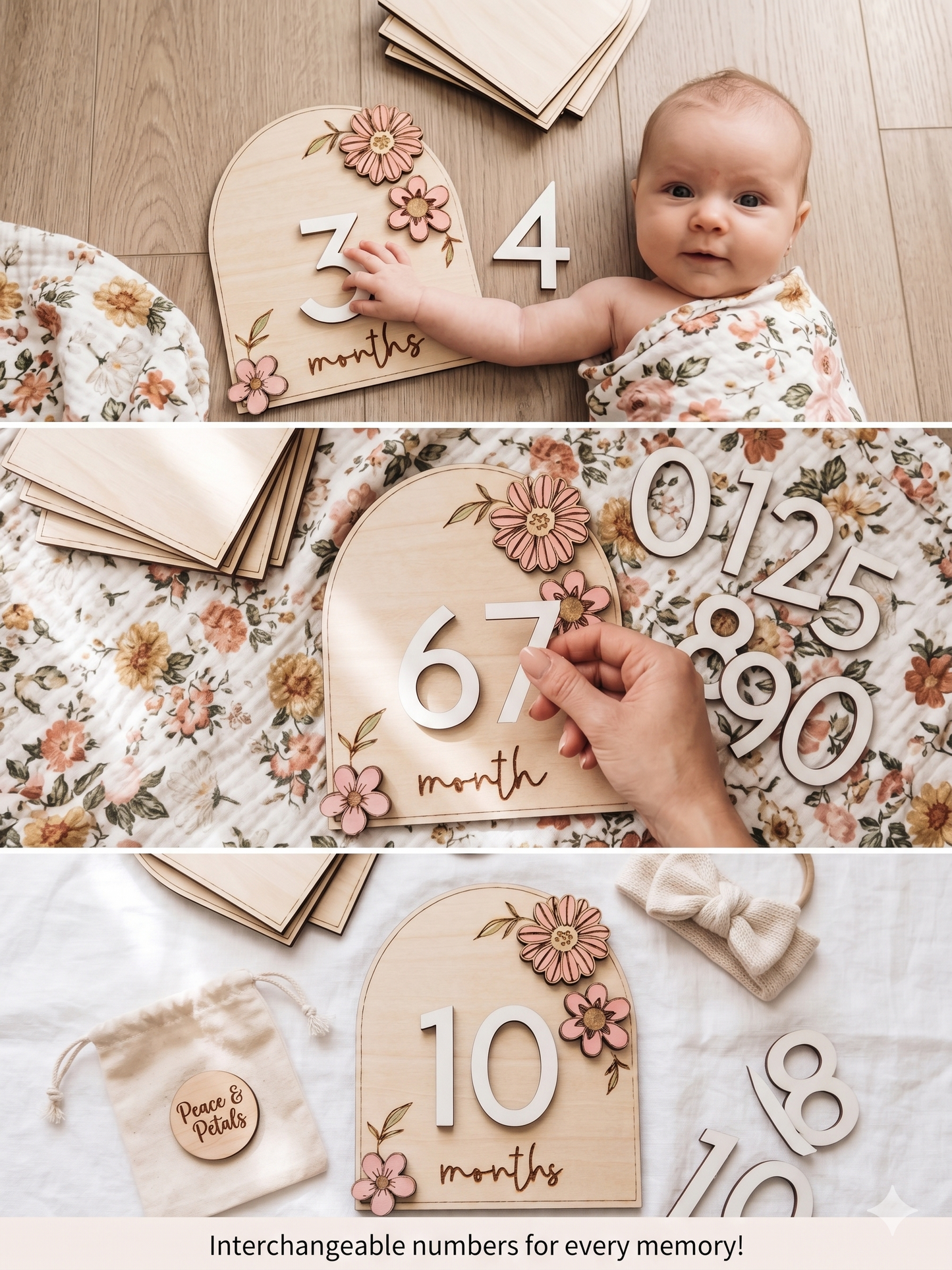 Baby Milestone Wooden Sign | Floral with Interchangeable Numbers