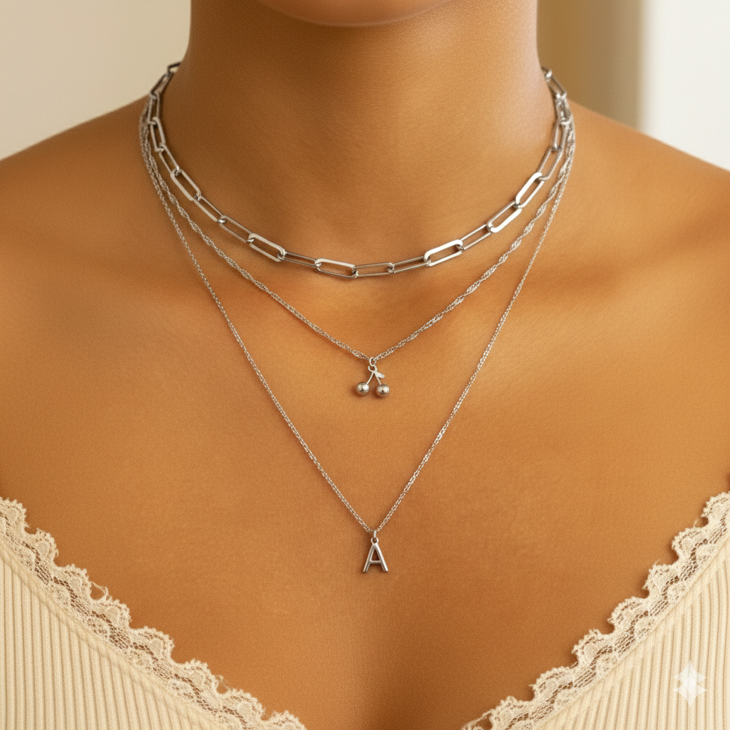 Paperclip Chain + Gold Cherry & Chain + Letter & Chain Layered Necklace