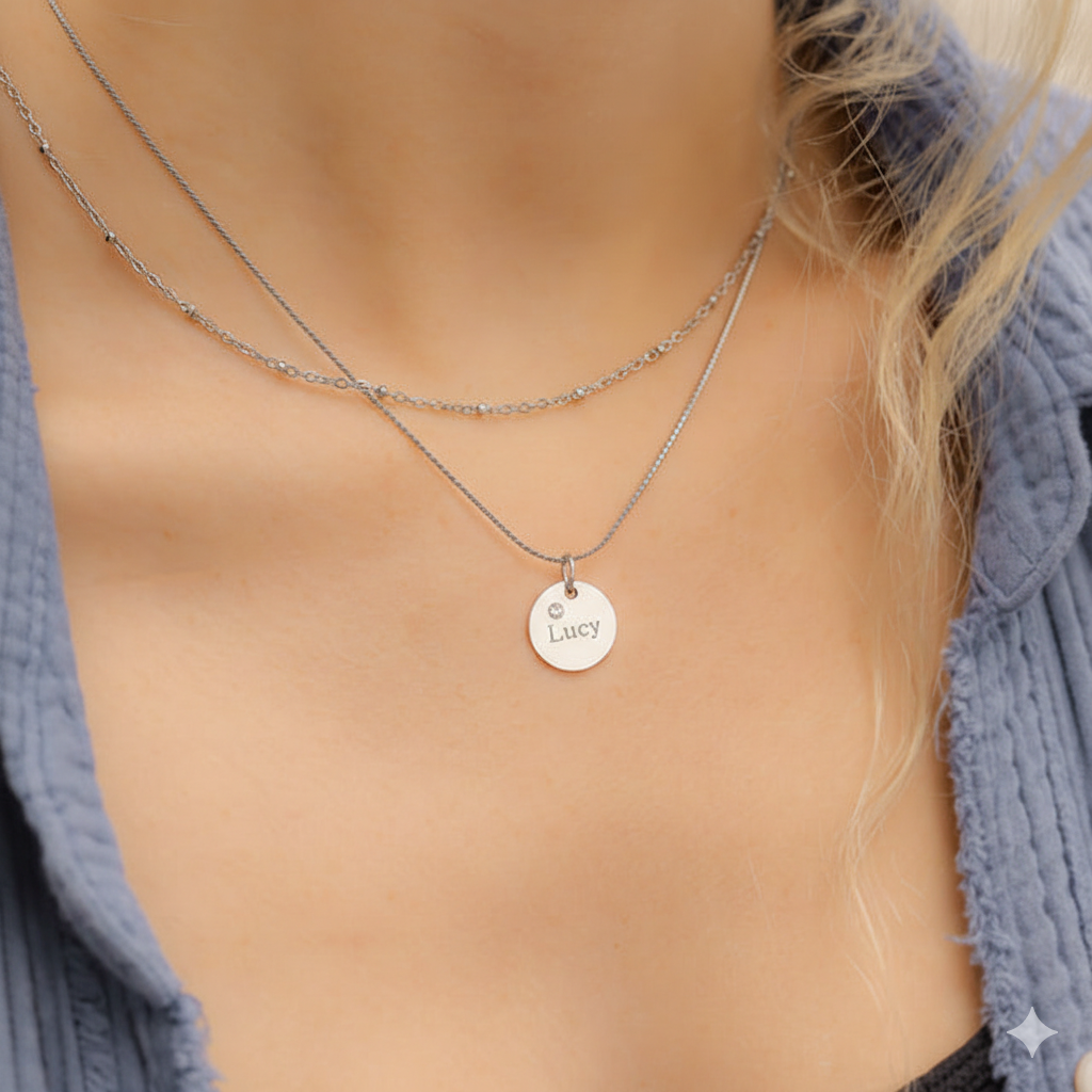 Personalized Birthstone Circle Charm - Custom Engravable Pendant | Silver | Peace & Petals