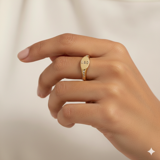 Personalized Round CZ Signet Ring | Custom Engraved 18K Gold PVD | Peace & Petals