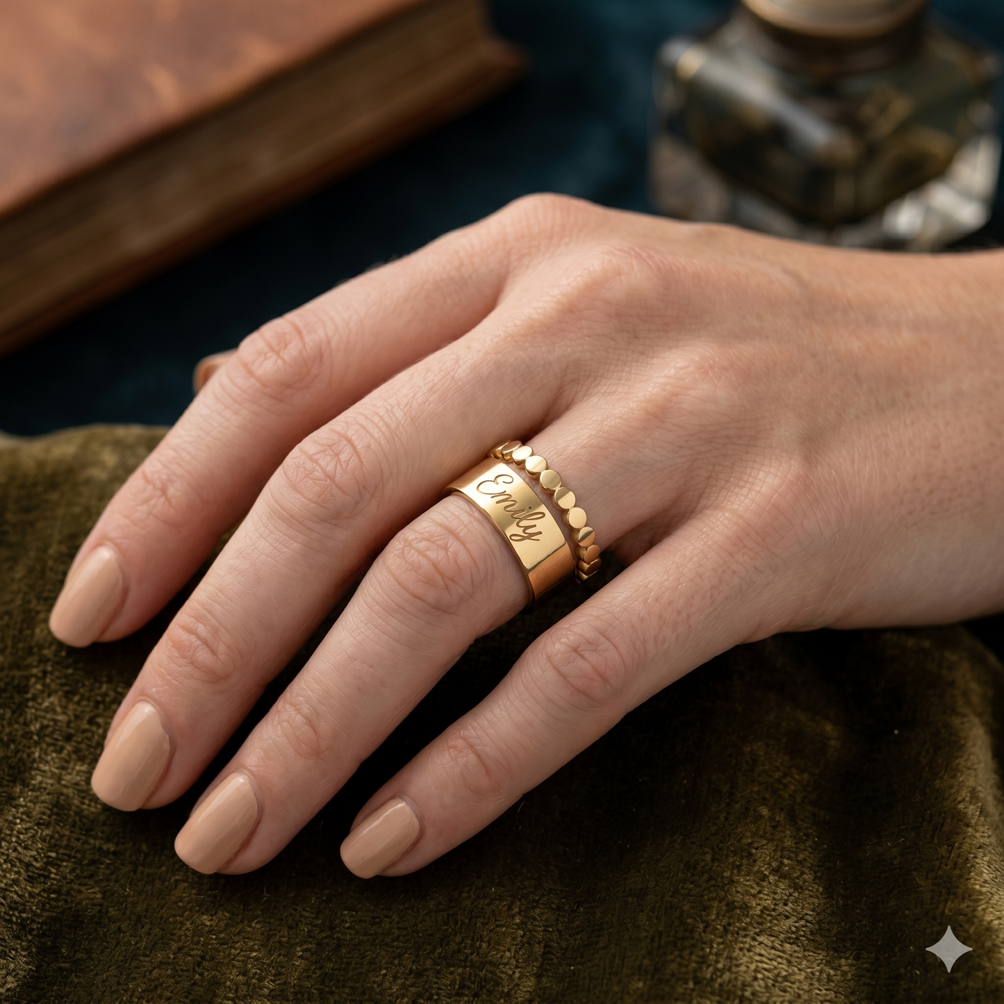 Engraved Name Ring & Beaded Stacker Set | 18K Gold PVD