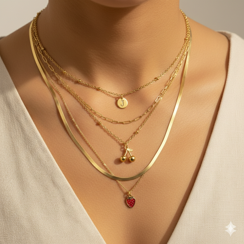 Silver Cherry + Red Strawberry Layered Necklace | Handcrafted Multi-Strand Pendant Necklace | Peace & Petals