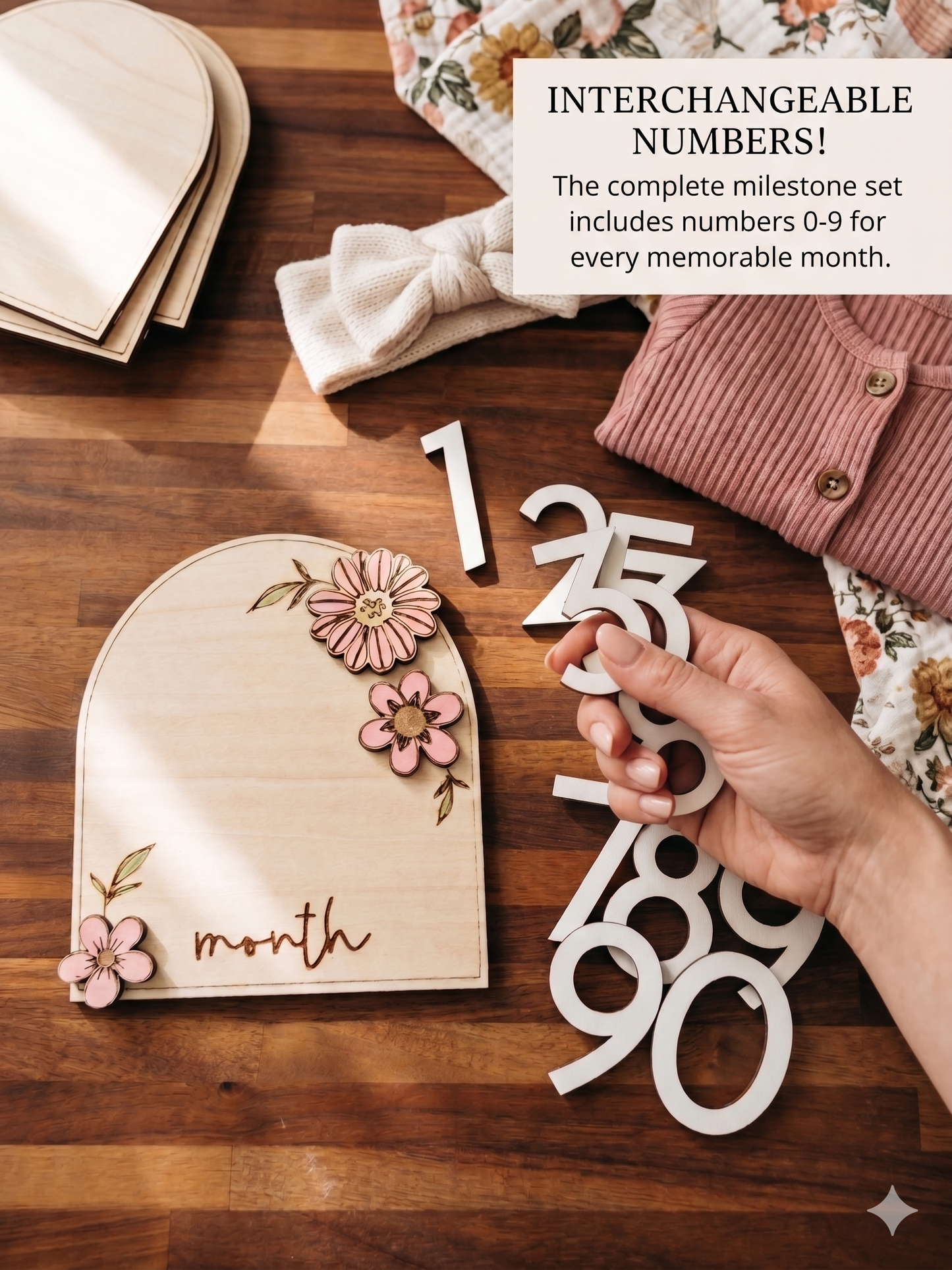 Baby Milestone Wooden Sign | Floral with Interchangeable Numbers