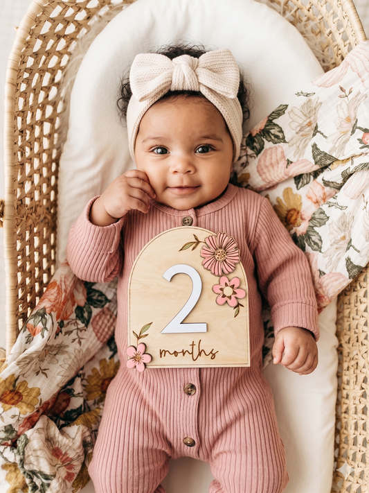Baby Milestone Wooden Sign | Floral with Interchangeable Numbers