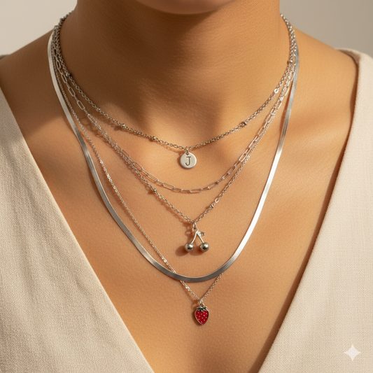 Silver Cherry + Red Strawberry Layered Necklace | Handcrafted Multi-Strand Pendant Necklace | Peace & Petals