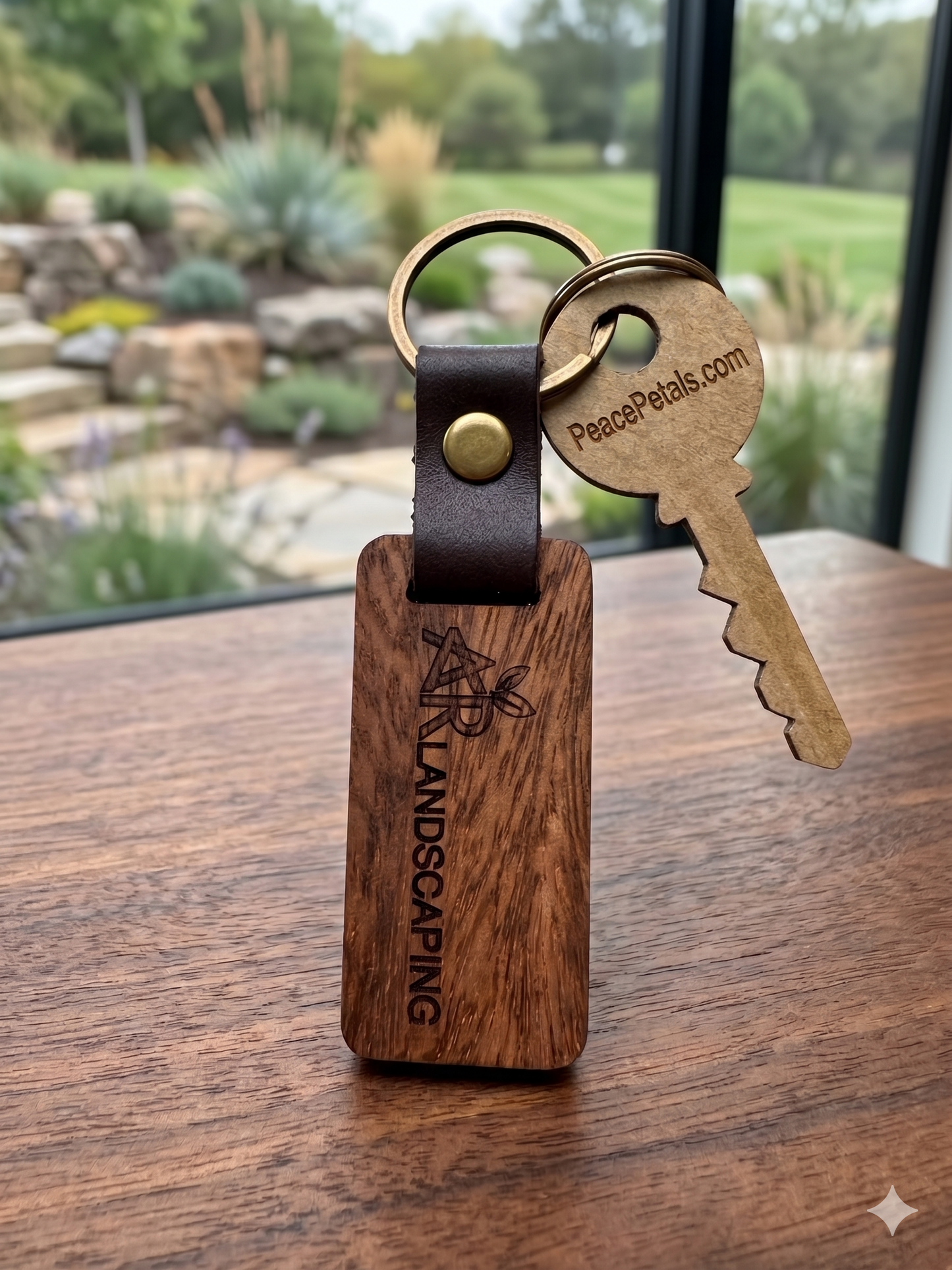 Personalized Wooden & Leather Keychain - Custom Engraved | Peace & Petals Laser Engraving