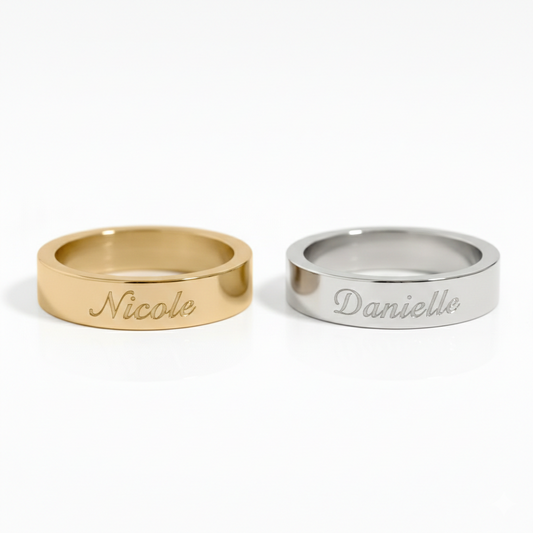 Personalized Flat-Edge Ring - Custom Engraved Band | 18K Gold PVD or Silver | Peace & Petals