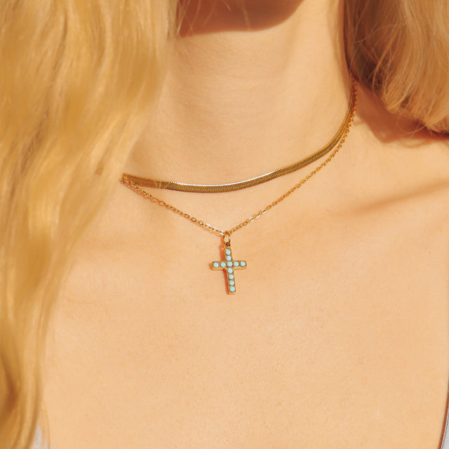 Stone Cross Charm - Turquoise or White Confetti | Available in 18K Gold PVD or Silver Finish | Peace & Petals
