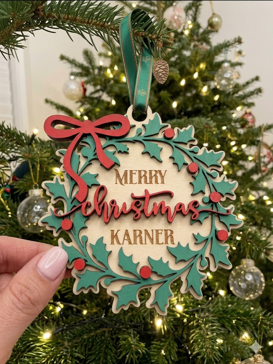 Personalized Christmas Wreath Ornament | Custom Laser Engraved Keepsake
