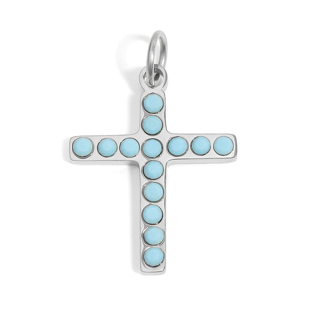 Stone Cross Charm - Turquoise or White Confetti | Available in 18K Gold PVD or Silver Finish | Peace & Petals