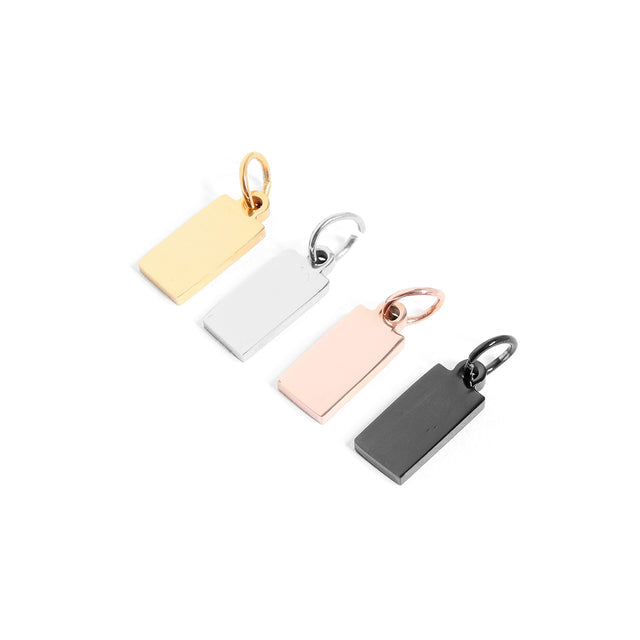 Engravable Minimalist Tag Charm | 18K Gold PVD, Silver, Rose Gold, Black | Peace & Petals