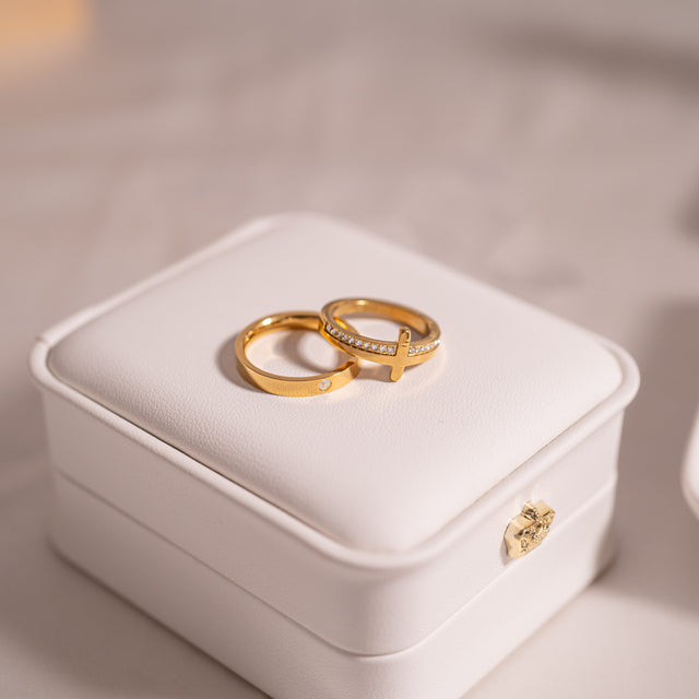 Personalized Cross Ring with CZ Stone | Custom Engraved Faith Jewelry | Stackable | Peace & Petals