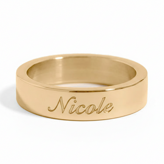 Personalized Flat-Edge Ring - Custom Engraved Band | 18K Gold PVD or Silver | Peace & Petals