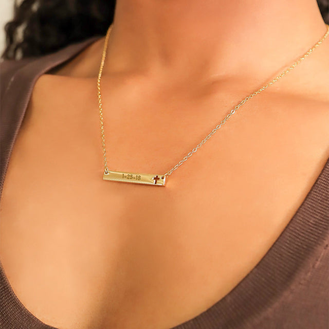 Engravable Horizontal Cross Necklace | 18K Gold PVD, Silver, Rose Gold, Black | Peace & Petals