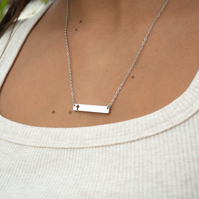 Engravable Horizontal Cross Necklace | 18K Gold PVD, Silver, Rose Gold, Black | Peace & Petals