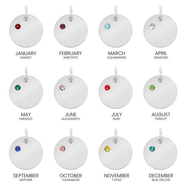 Personalized Birthstone Circle Charm - Custom Engravable Pendant | Silver | Peace & Petals