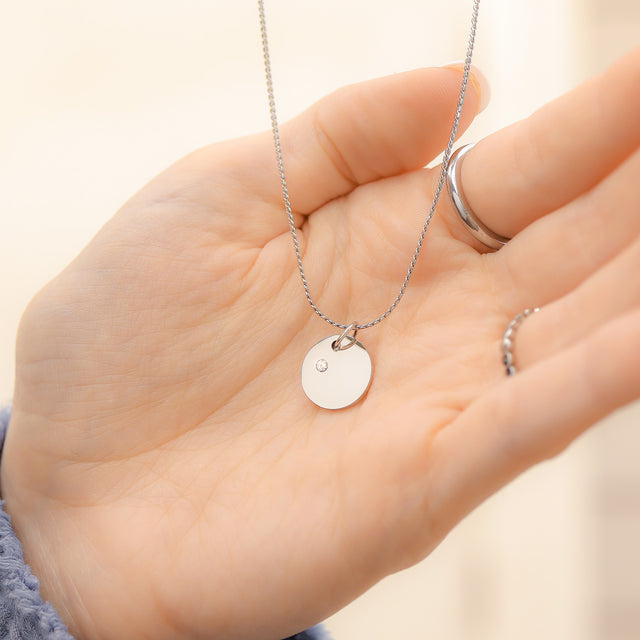 Personalized Birthstone Circle Charm - Custom Engravable Pendant | Silver | Peace & Petals