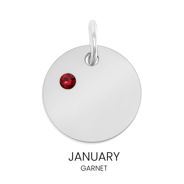 Personalized Birthstone Circle Charm - Custom Engravable Pendant | Silver | Peace & Petals