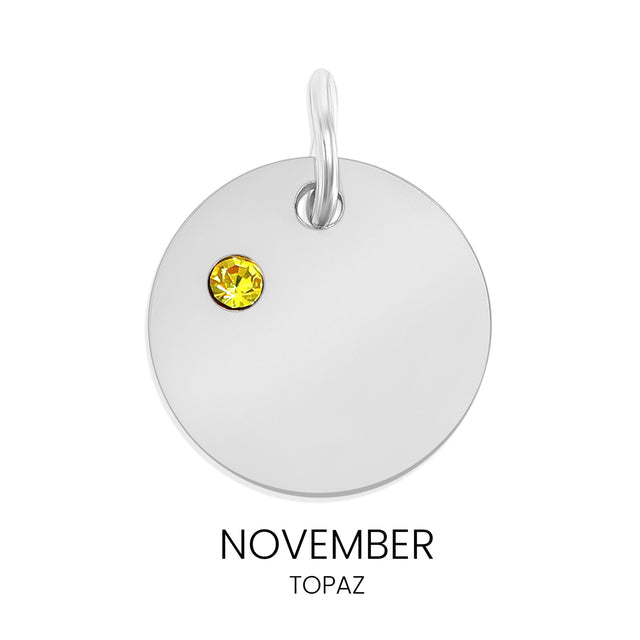 Personalized Birthstone Circle Charm - Custom Engravable Pendant | Silver | Peace & Petals