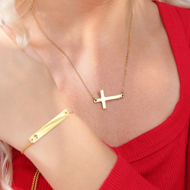 Engravable Horizontal Cross Necklace - Custom Engraved | Peace & Petals
