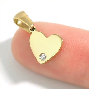Heart Charm with Cubic Zirconia Accent, 18K Gold PVD Stainless Steel Necklace, Engravable