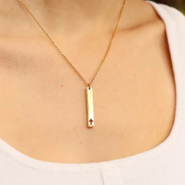 Cross Cutout Vertical Bar Necklace, Engravable, 18K Gold PVD Stainless Steel