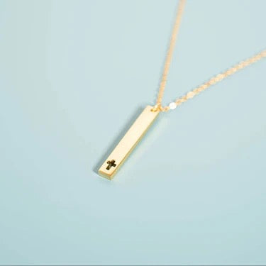 Cross Cutout Vertical Bar Necklace, Engravable, 18K Gold PVD Stainless Steel
