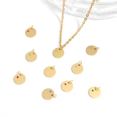 Birthstone Round Pendant, Engravable Necklace