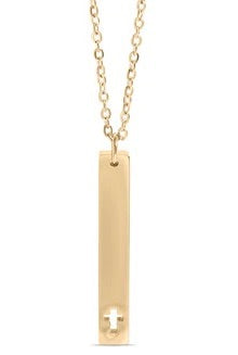 Cross Cutout Vertical Bar Necklace, Engravable, 18K Gold PVD Stainless Steel