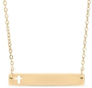 Horizontal Cross Necklace, 18k PVD Stainless Steel, Engravable