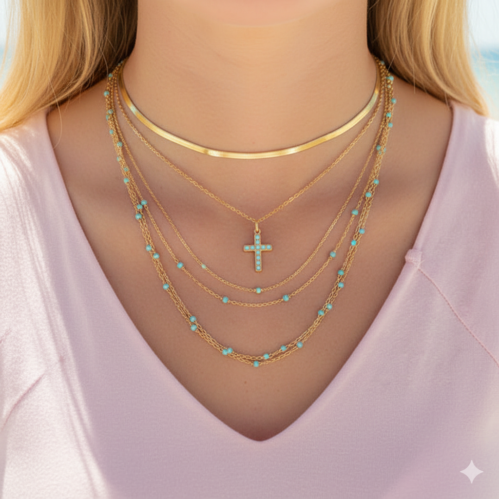 Stone Cross Charm - Turquoise or White Confetti | Available in 18K Gold PVD or Silver Finish | Peace & Petals