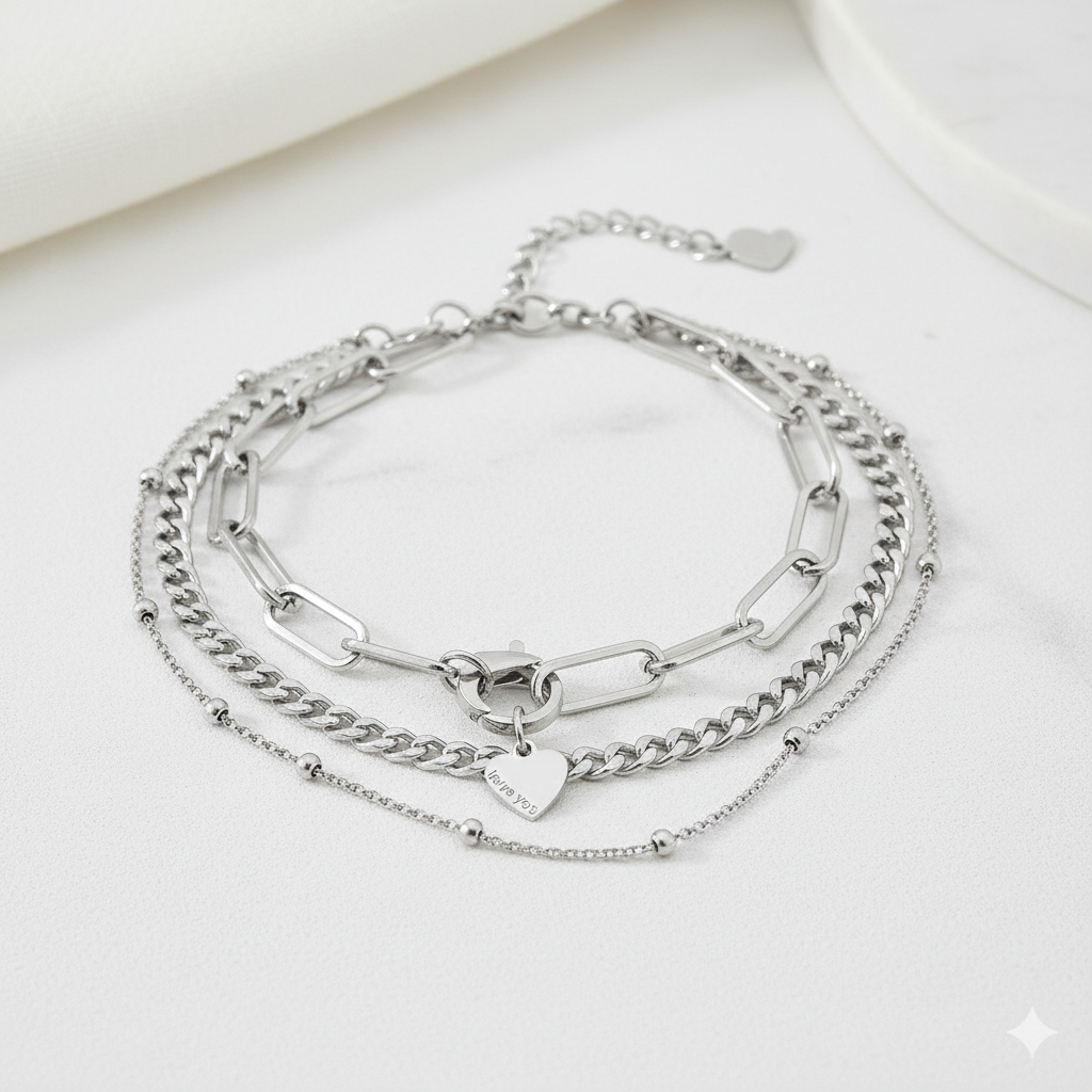 "Love You" Engraved Layered Bracelet | 18K Gold PVD or Silver Finish  | Peace & Petals