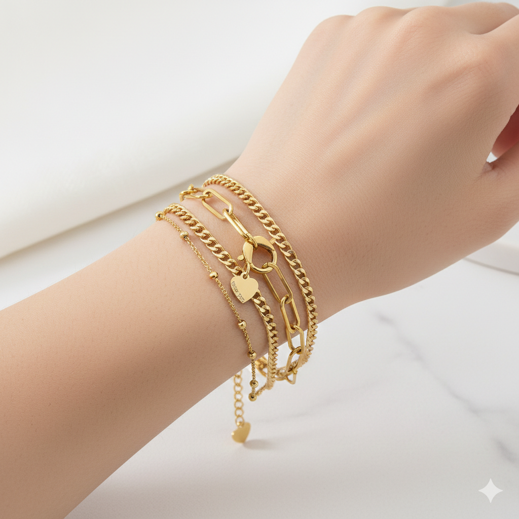 "Love You" Engraved Layered Bracelet | 18K Gold PVD or Silver Finish  | Peace & Petals