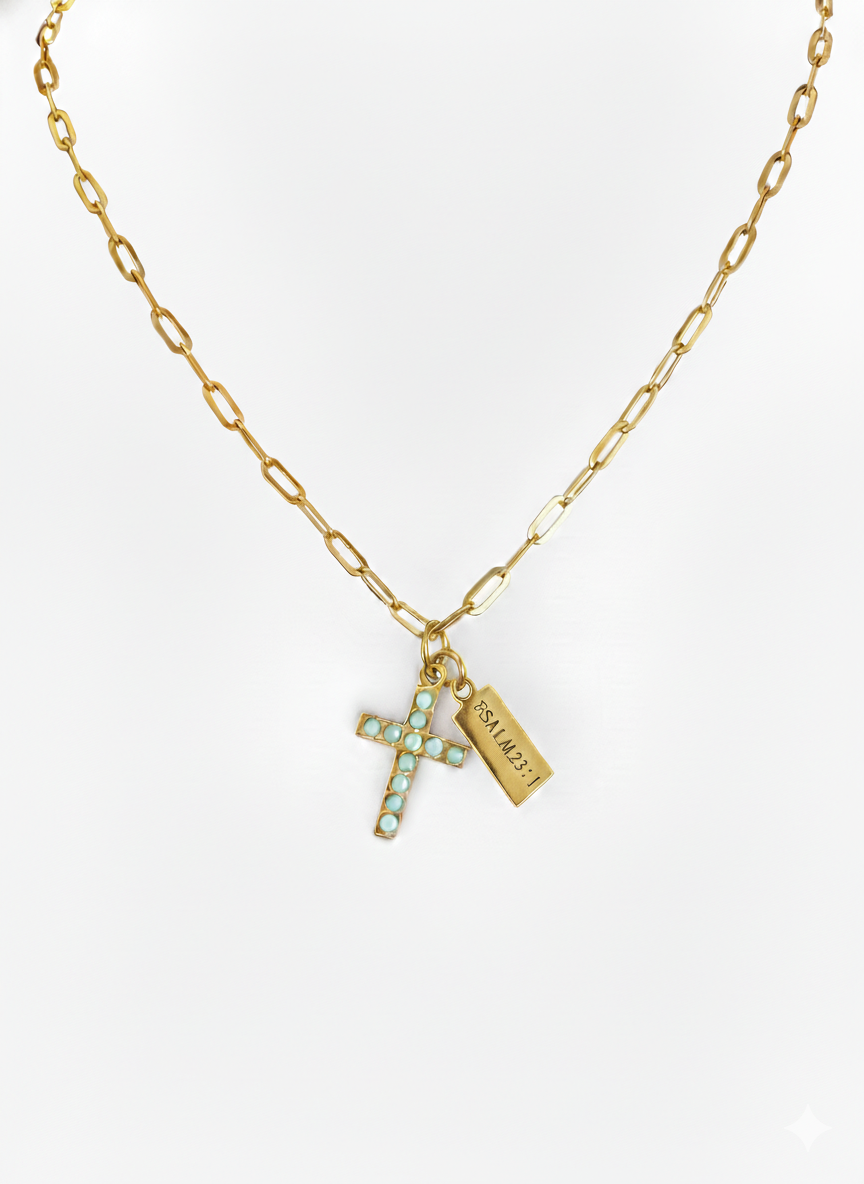 Stone Cross Charm - Turquoise or White Confetti | Available in 18K Gold PVD or Silver Finish | Peace & Petals