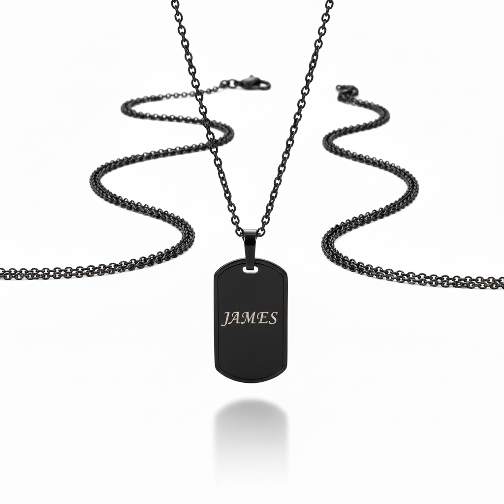 Black dog tag with engraved name