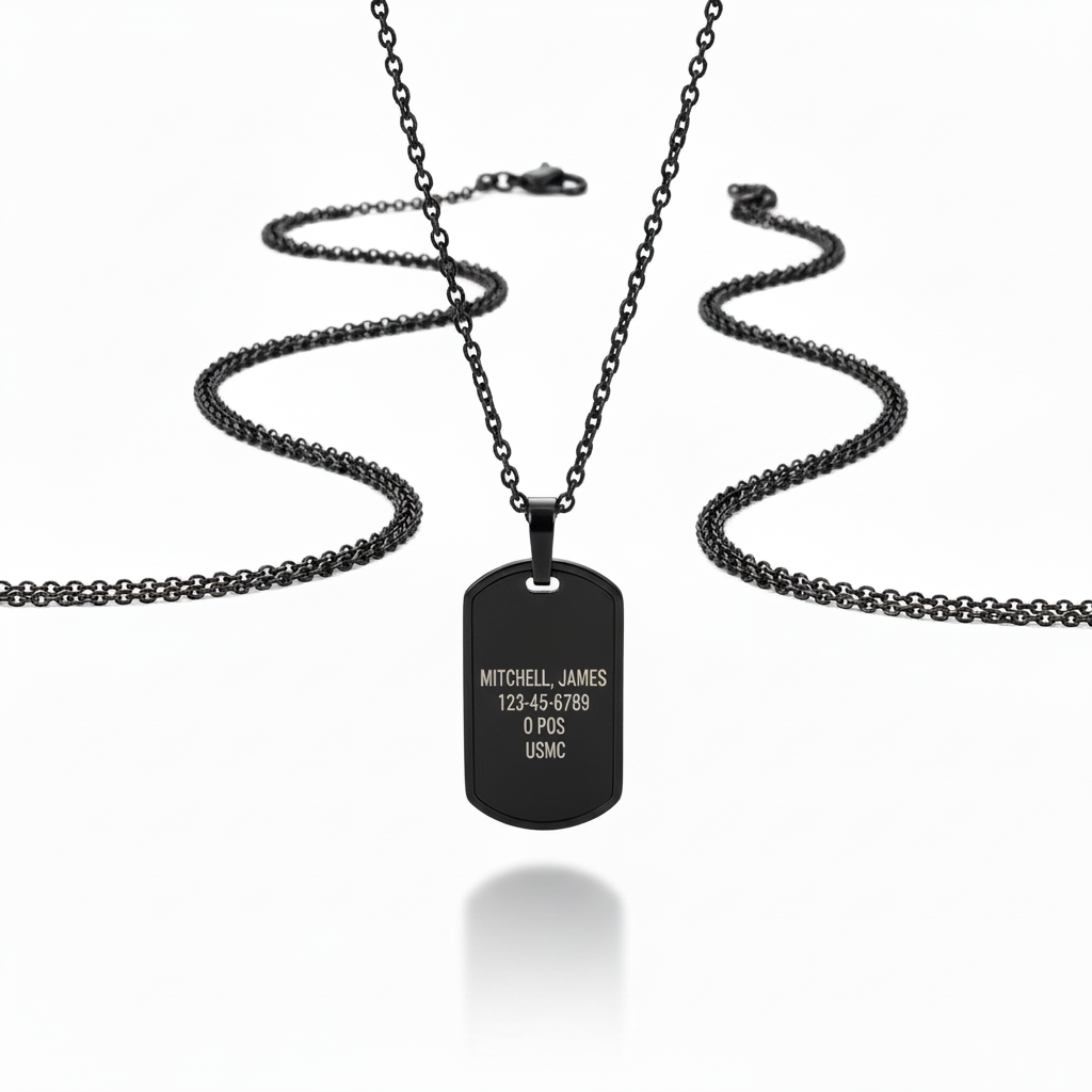 Black dog tag with military engraving