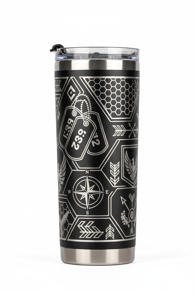 Black tumbler with tactical engraving