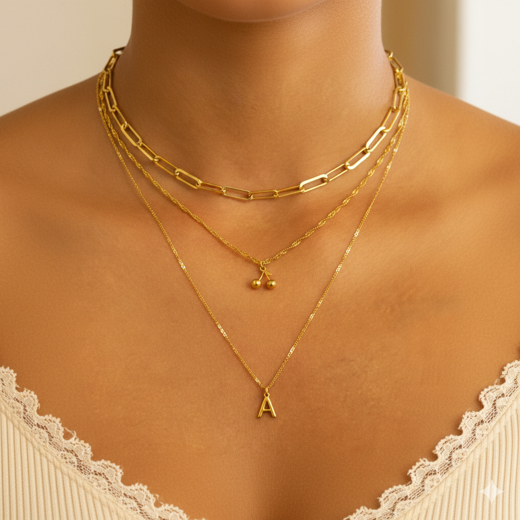 Paperclip Chain + Gold Cherry & Chain + Letter & Chain Layered Necklace