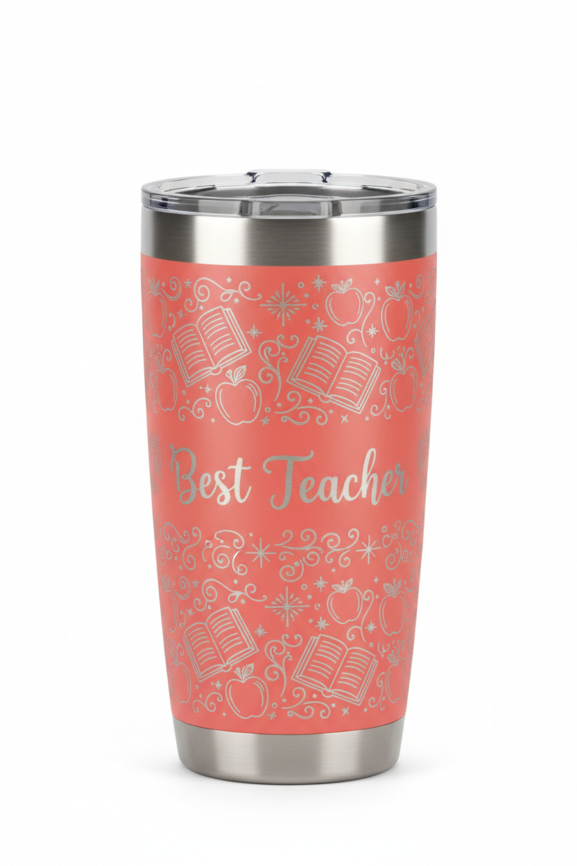 Coral teacher tumbler with books and apples